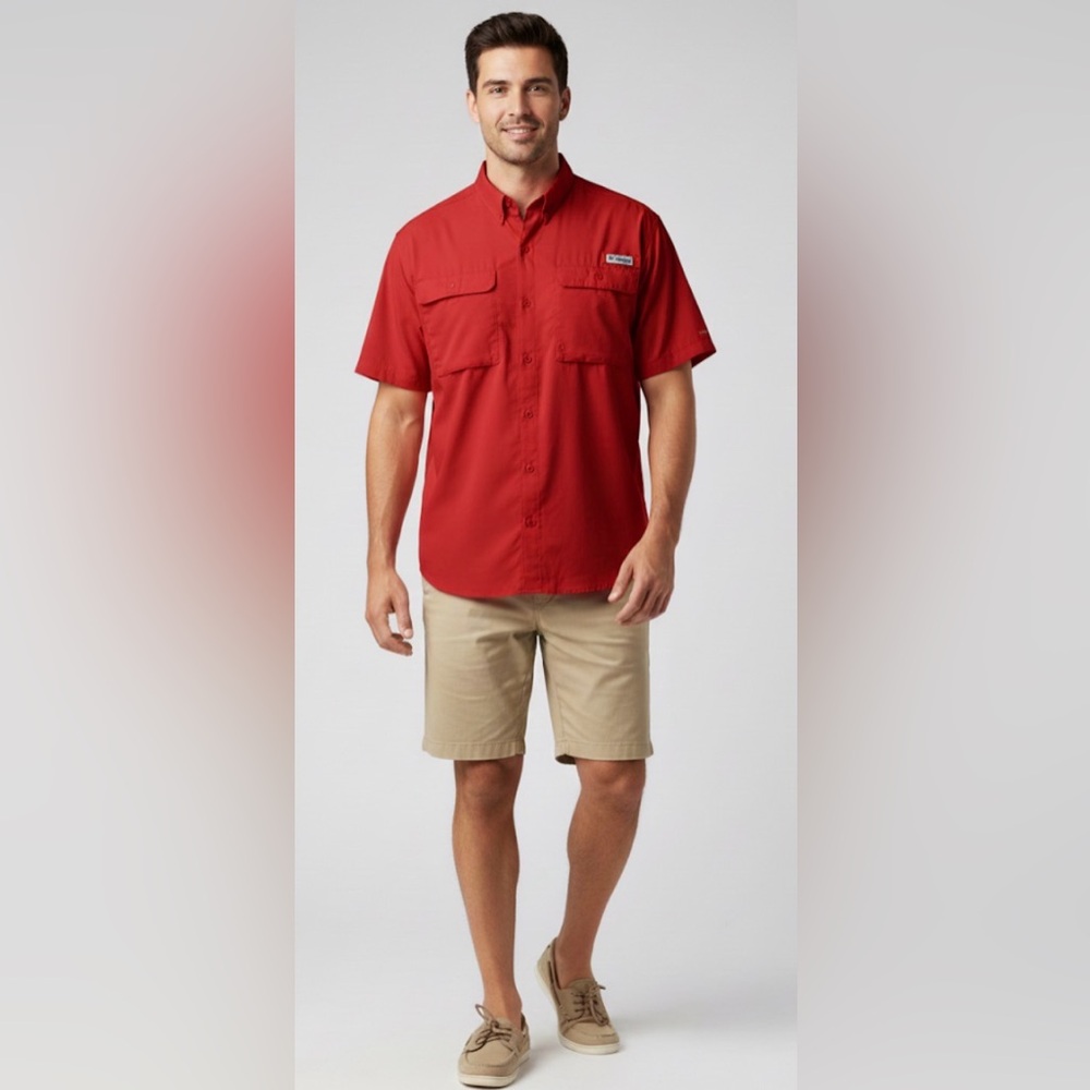 Columbia Sportswear Red PFG Omni-Shade Casual Lightweight Down Shirt Size Medium